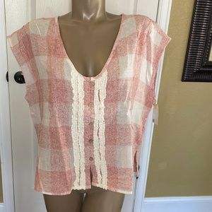 NWT Shyanne V Neck Gingham Linen Blend Top w Side Slits L